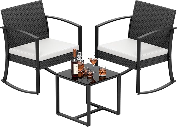 Greesum 3 Pieces Outdoor Furniture Set Patio Bistro Rocking Chairs with Glass Coffee Table for Pool Beach Backyard Balcony Porch Deck Garden, White
