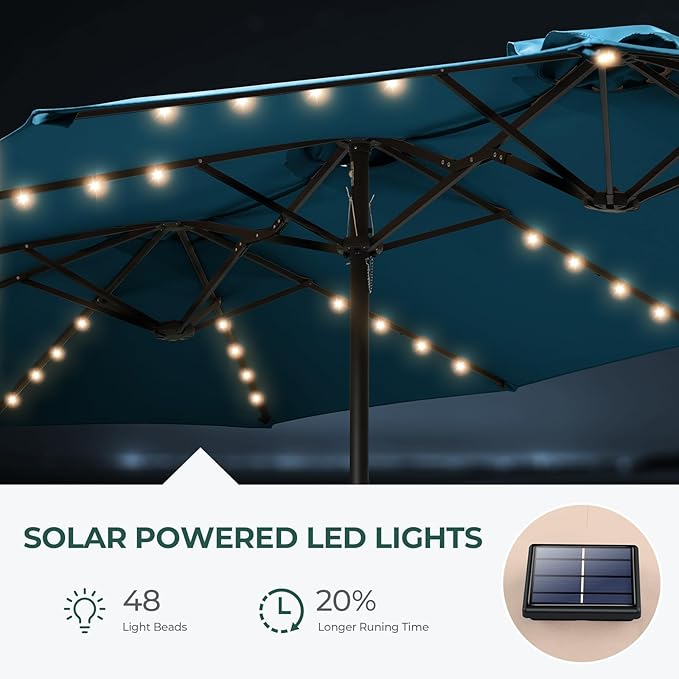 HOMSHADE Double Sided Patio Umbrellas - 15ft Solar Lights LED Lighted Outdoor Extra Large Market Table Umbrella with Base Included, Oversized Umbrella for Deck, Pool, Backyard