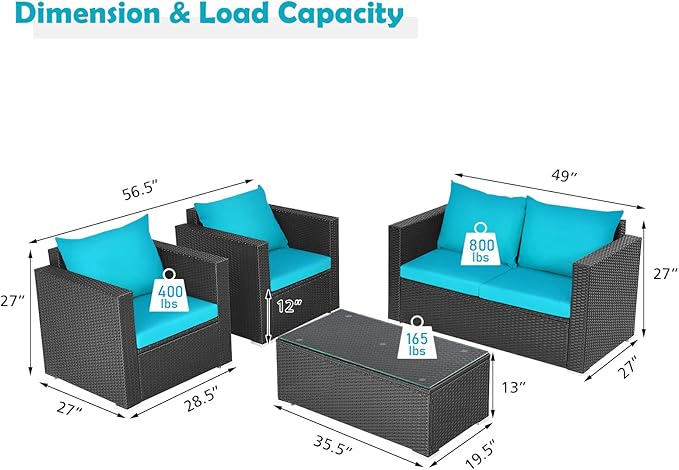 COSTWAY 4-Piece Patio Rattan Furniture Set, Cushioned Sofa Chair, Loveseat and Coffee Table with Tempered Glass Top, Outdoor Conversation Sets for Garden Poolside Balcony Porch (Turquoise)