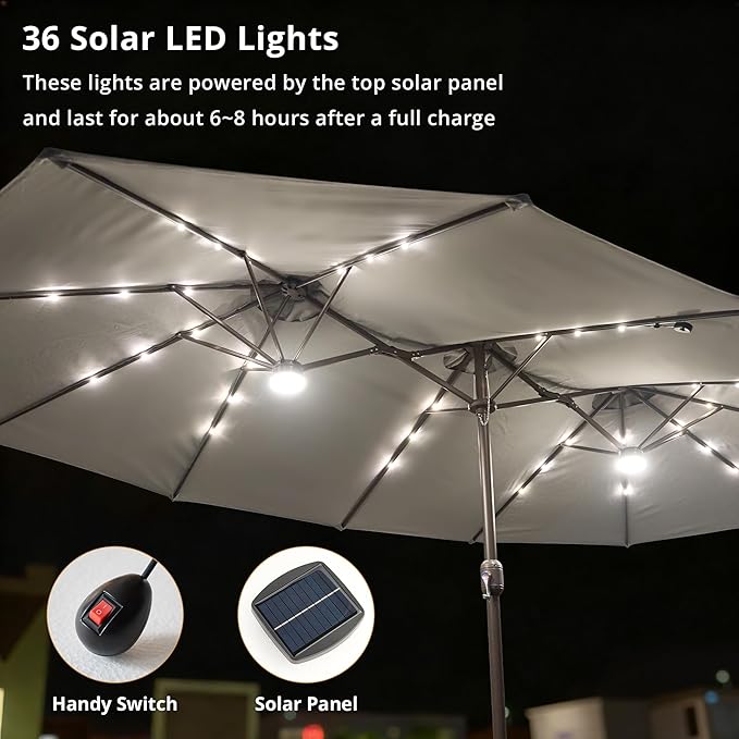 15ft Large Patio Umbrellas with Base & Solar Lights,Outdoor Rectangle Double-Sided Market Umbrella with Stand & 38 LED Lights,Outside Umbrellas for Poolside Deck Backyard (Light Grey)
