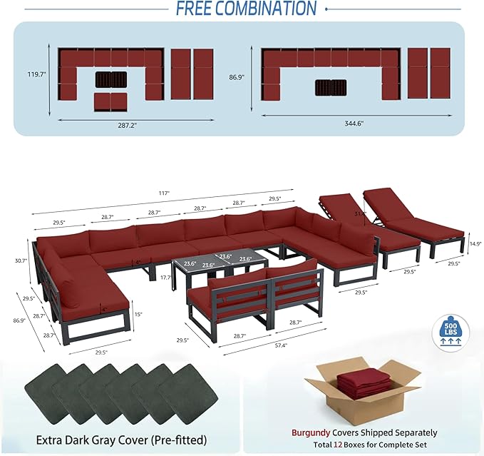 NICESOUL 16 Piece Oversized Modular Aluminum Outdoor Furniture Set with Chaise Lounge, 29" Deep and Wide Sectional Seating, 500 lbs High Weight Capacity Patio Conversation Set for Poolside, Burgundy