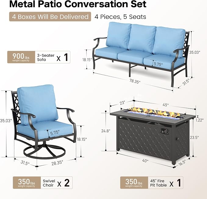 SUNSHINE VALLEY 4 Piece Metal Outdoor Patio Furniture Sets with 5000 BTU Firepit Table, Patio Conversation Sets 1 3-seater Sofa, 2 Swivel Chair with 5.75" Thick Cushion, Black Backyard Furniture, Blue