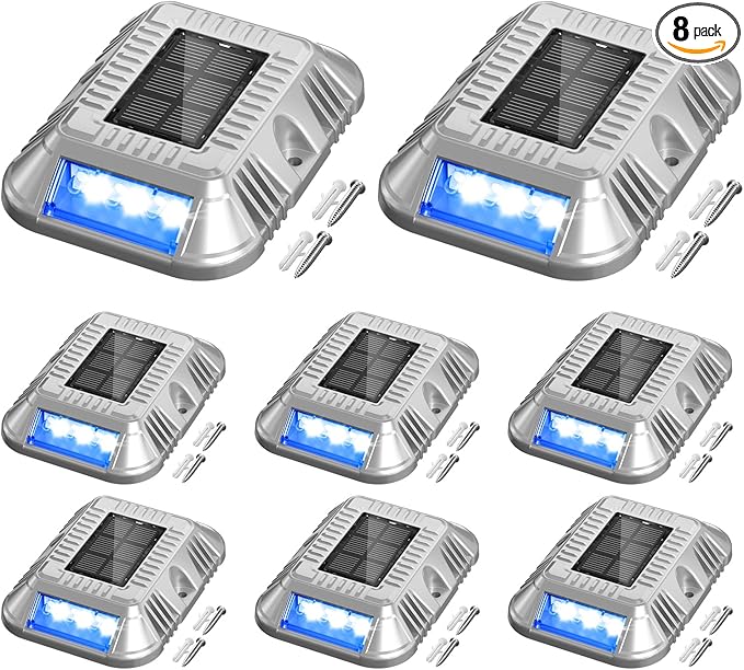 addlon Solar Dock Lights Marine 8 Pack, 2CCT Outdoor Driveway Marker Deck Lights, IP67 Waterproof, Solar Powered Deck Light for Pathway Warning Step Sidewalk Patio, Blue Light & Cool White, FCC
