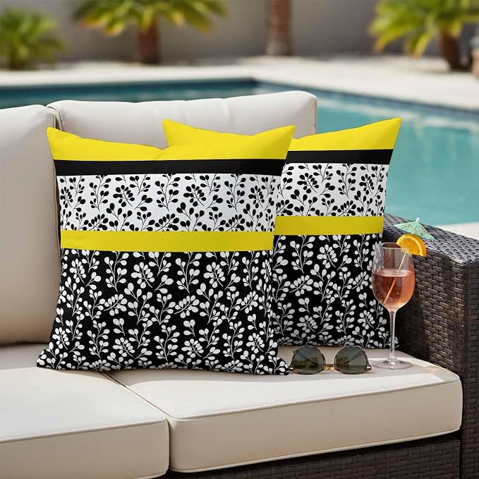 Black Yellow Outdoor Pillow Covers 18x18 Inch Throw Pillow Covers Set of 2 Waterproof Decorative Pillow Cases Garden Floral Stripe Aesthetic Flower Boho Cushion Covers for Patio Furniture Garden Couch