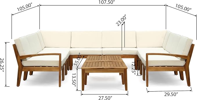 Christopher Knight Home Grena Outdoor Acacia Wood 10 Seater Sectional Conversation Set with Two Coffee Tables, Teak and Beige