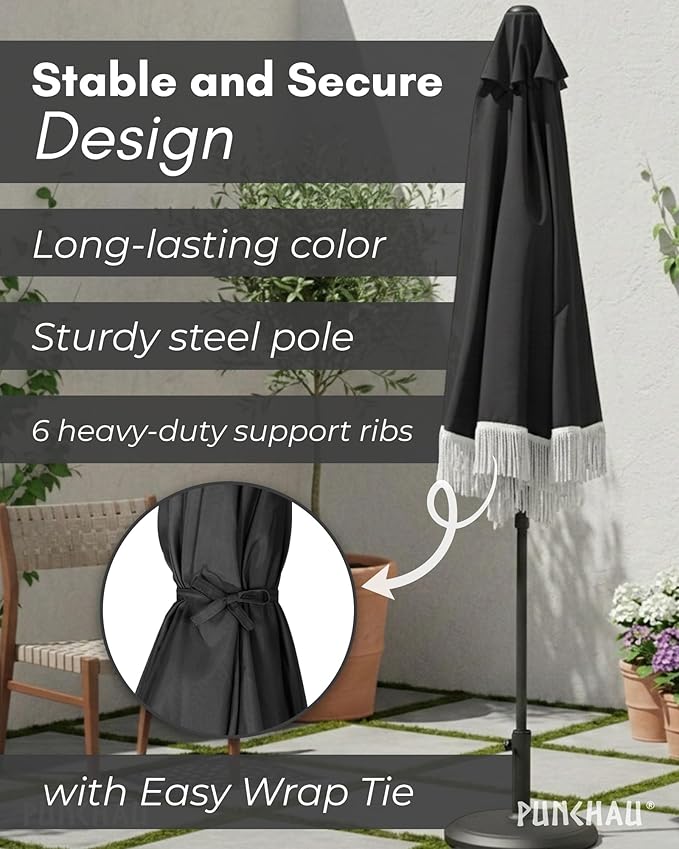 6 Ft Fringe Patio Umbrella - Outdoor Umbrella for Patio, Pool, Table, Garden, & Deck, Push Button Tilt Pole - Fashionable Vintage Tassels - White