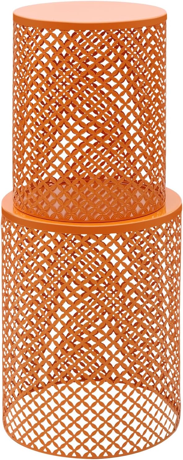 Cylindrical Outdoor Side Tables Set of 2, Metal Frame Accent Table End Table, Vintage Side Tables for Patio Gardens Balconies Cafes Parks (2, Orange)