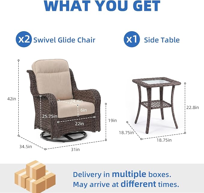 3-Piece Outdoor Swivel Chairs with Side Table, Glider Rocking Chair with 6" Thick Cushions, Weather-Resistant Wicker Patio Furniture Set, for Yard, Poolside, Patio, Porch, Deck