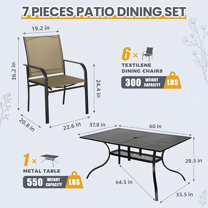 7-Piece Patio Dining Set,6 Person Outdoor Table and Chairs Set, 6 Metal Dining Chairs and Rectangular Outdoor Table with 1.57" Umbrella Hole,Khaki