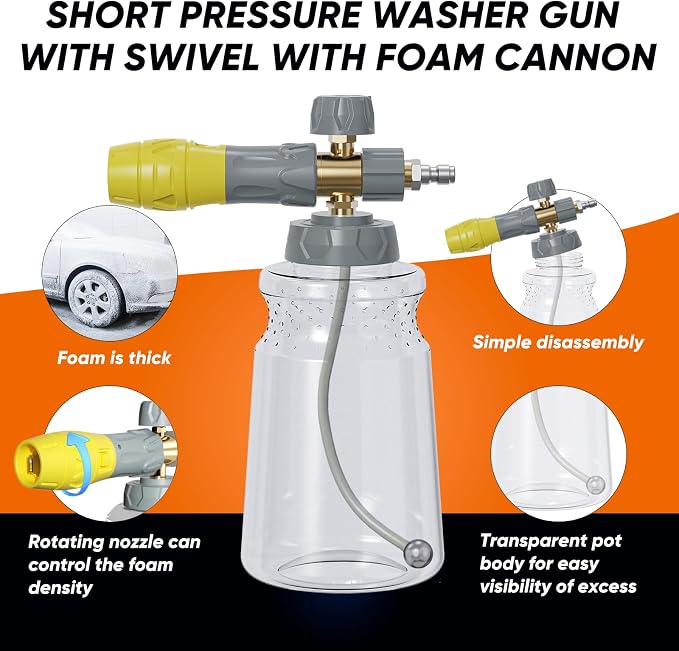 KONOSUBA Short Pressure Washer Gun with Swivel 4500PSI with Foam Cannon,2 Adapter,5 Pressure Washer Nozzles,1/4" Quick Connector,3/8'' Quick Connect, M22-14/15 mm Fitting (gun4500PSI with Foam Cannon)