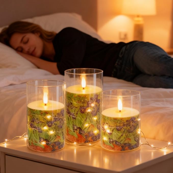 Flickering Flameless Candles, Recessed String Light LED Candles Acrylic Battery Operated LED Pillar Candles with Remote Van Gogh Art Painting Style for Home Decor Set of 3((Irises Printed)