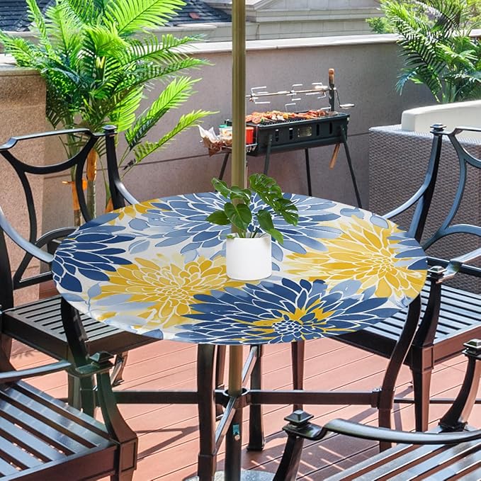 OSAM SPACE Outdoor Tablecloth with Umbrella Hole, Round Elastic Fitted Table Cloth with Invisible Zipper,Blue Yellow Chrysanthemum Flower Picnic Patio Table Cover 45-56in
