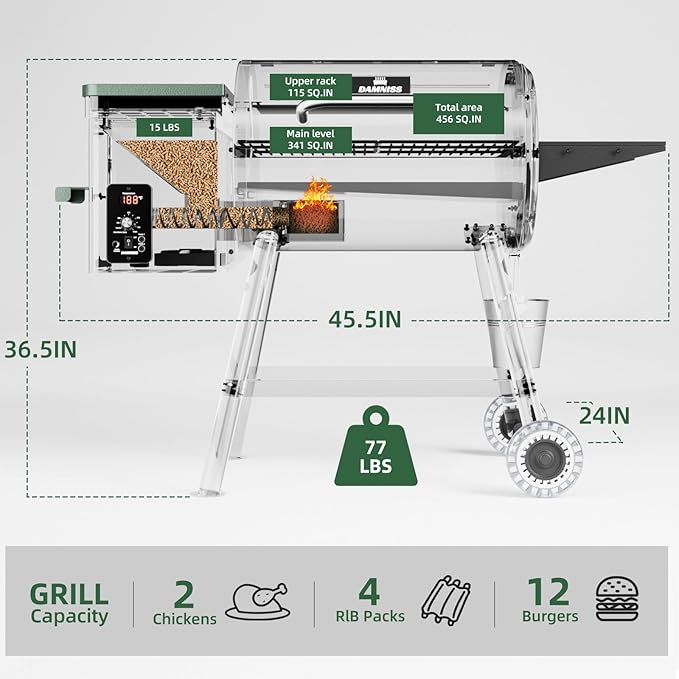 DAMNISS Pellet Grill Smoker 8 In 1 Outdoor Wood Electric Pellet BBQ Grill With PID Temperature Control And Meat Probe 456 Sq.In Removable Cooking Area Easy Clean