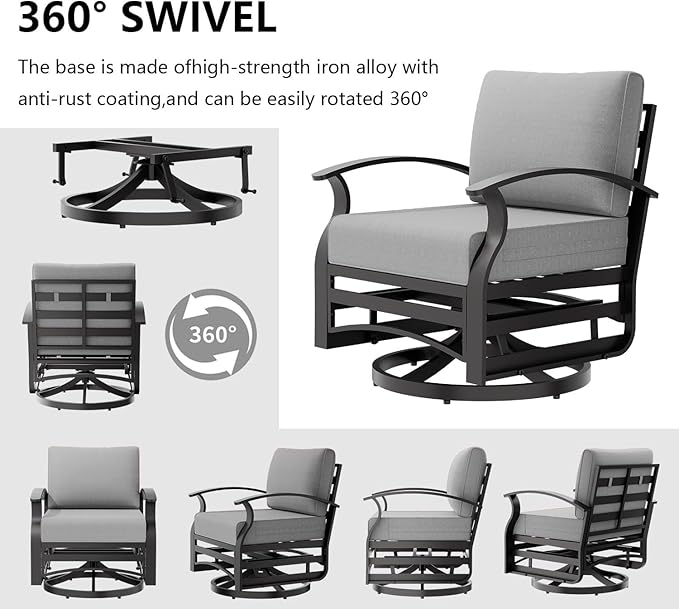 Aluminum Patio Furniture Set with Fire Pit Table, 7 Seats Outdoor Patio Conversation Sets with Swivel Chair Modern Metal Sectional Sofa with Upgrade Cushions for Patio, Backyard