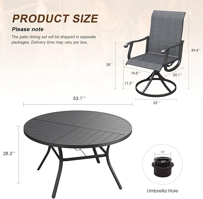 VICLLAX Patio 7 Pieces Outdoor Dining Set, 53" Round Metal Table with Umbrella Hole and 6 Swivel Textilene Chairs for Lawn, Garden, Porch, Black/Dark Grey