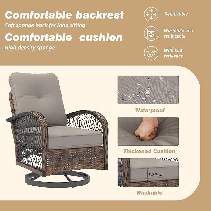 EROMMY 3 Pieces Patio Furniture Set, Outdoor Swivel Rocker Patio Chairs, Wicker Patio Bistro Set with Rocking Chair, Thickened Cushions and Glass Coffee Table for Backyard, Garden, Grey