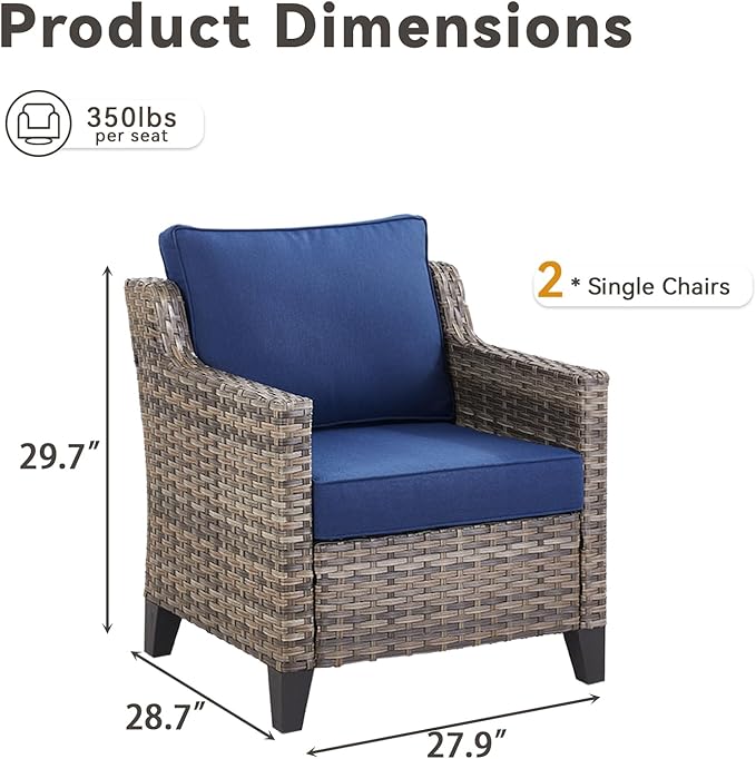 Patio Chairs Set of 2-All Weather Rattan Wicker Outdoor Chair with Thickened Cushions Outdoor Patio Chairs for Porch Deck Balcony Garden Grey/Blue