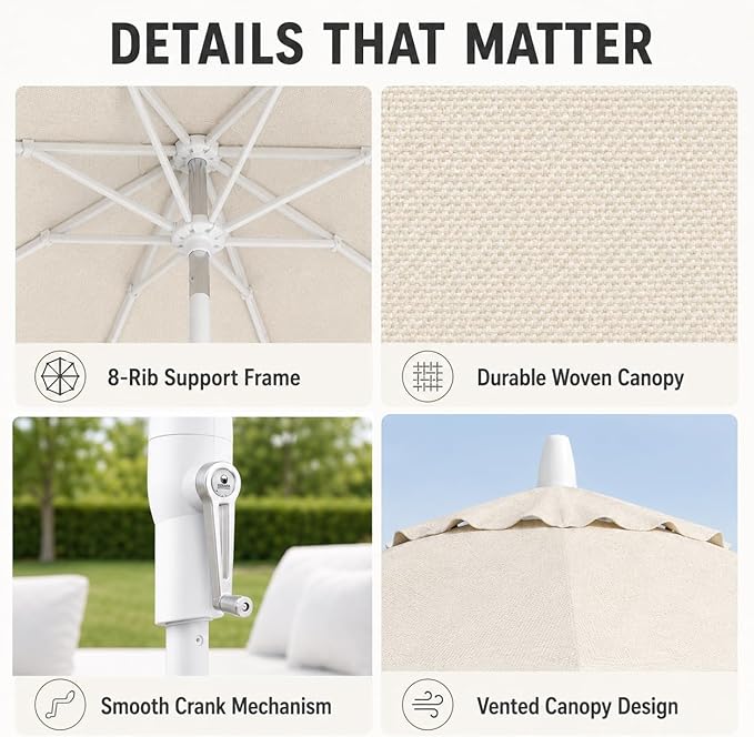 Treasure Garden 9ft Patio Umbrella - Outdoor Furniture Market Umbrella – Deluxe Auto-Tilt – White Aluminum Frame (Sunbrella, Canvas)