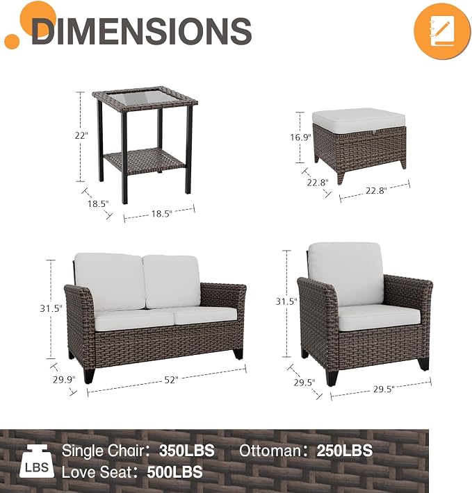 COOS BAY Harbor Retreat 6 Piece Outdoor Furniture Set, Patio Conversation Set with Patio Chairs, 2 Seat Loveseat, Side Table and Ottomans, Wicker Furniture, Brown/Beige