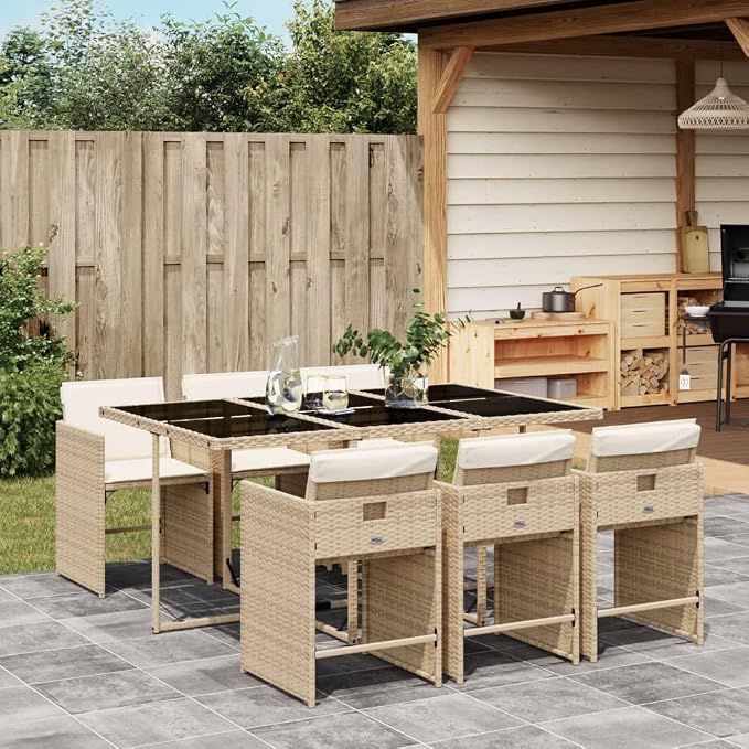 7 Piece Patio Dining Set with Cushions Beige Poly Rattan Outdoor Furniture Table and 6 Folding Chairs with Tempered Glass Top and Removable Covers for Garden Backyard Relaxation