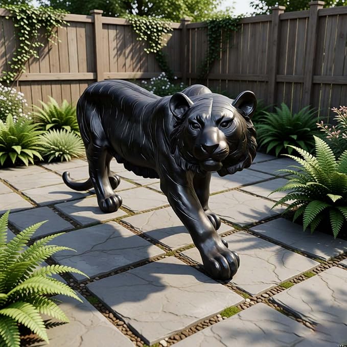 Black Walking The Tiger Garden Statue, 33.46" Outdoor Animal Decor | Extra Large, Realistic Fur Texture & Stripes, For Lawn, Patio, Yard