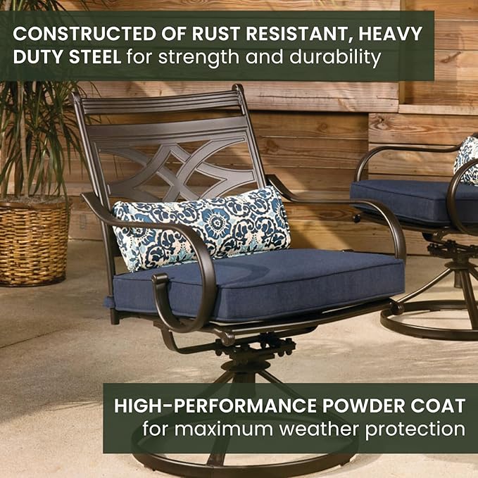 Hanover Montclair 5-Piece Outdoor Dining Set with Stamped Steel Square Dining Table and 4 Swivel Rocker Chairs with Cushions, Weather-Resistant Patio Dining Set for 4, Patio, Backyard, Deck