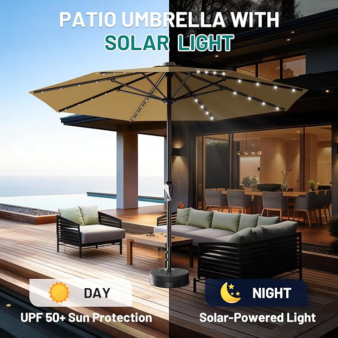 AreShark 12FT Large Patio Umbrella with Solar Lights, Solar Powered Outdoor Umbrella with Crank, Patio Table Market Umbrellas for Garden, Deck, Backyard, Pool and Beach, Khaki