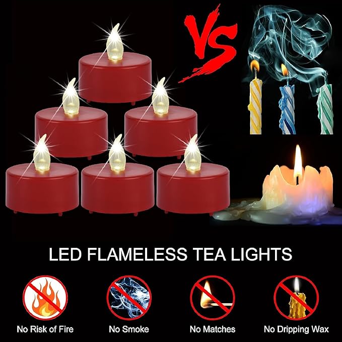 Battery Operated Tea Lights Candles, Flameless Flickering Led Electric Fake Candle, 24 Pack Realistic Votive Tealights, Long Lasting 200+Hours, for Wedding Party Home Decoration (Red)