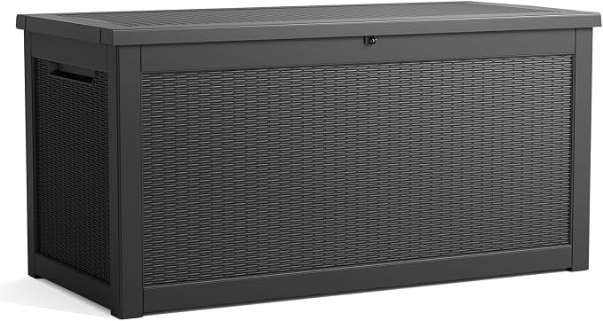 DRATO 320 Gallon Deck Boxes Outdoor Waterproof, Resin Large Lockable Storage Box with Lid, Outdoor Storage Bench Patio Cushions Furniture, Garden Tools, Pool Accessories(Black, 320 Gallon)