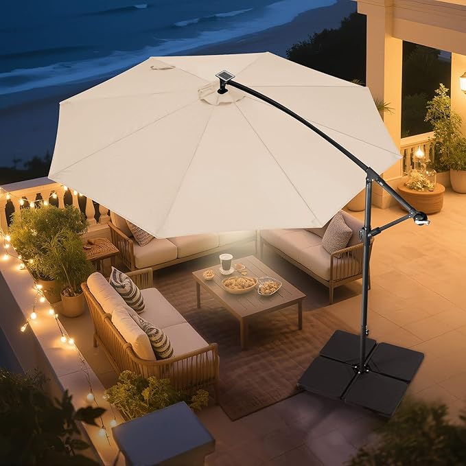Solar Offset Patio Umbrella - 10 FT Solar Cantilever Umbrella Outdoor with 40 LED Lights and Cross Base, UV Protection for Garden, Deck, Backyard, Pool, Porch, Beige