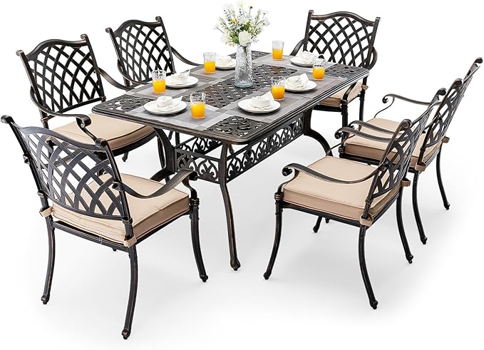 7 Piece Cast Aluminum Outdoor Dining Set, Retro Patio Dining Furniture Set for 6 Includes 59” Rectangular Table 6 Lattice Chairs with Thicker Cushions and Umbrella Hole for Porch Poolside Garden