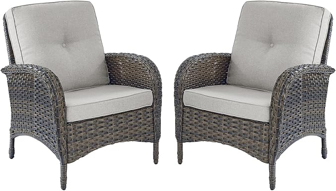 HUMMUH Outdoor Wicker Chairs Patio Dining Chairs Set of 2 with High Back and Deep Seat for Garden,Porch,Backyard,Balcony (Brown/Beige)