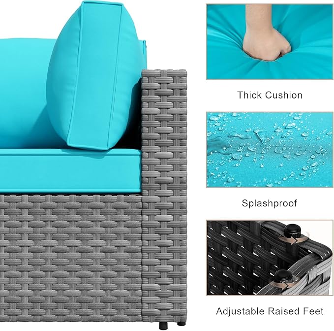 JAMFLY 7-Piece Outdoor Patio Furniture Set, Modular PE Rattan Sectional Sofa with Thick Cushions & Glass Coffee Table, Weather-Resistant Wicker Conversation Set for Poolside, Balcony, Garden, Blue