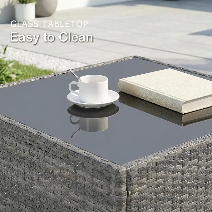 SUNSITT 6-Piece Patio Furniture Set, Outdoor Wicker Modular Sectional Sofa with 7.7-inch Wide Armrests & Thick Comfy Cushions, Glass Top Coffee Table, Rattan Conversation Set, Grey Color