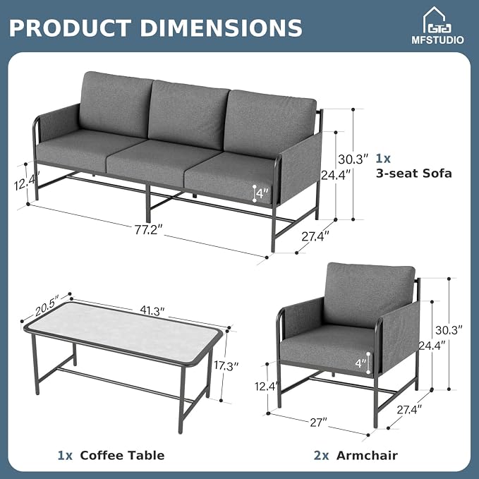 MFSTUDIO Metal Patio Furniture Sets, Outdoor Conversation Sets with Olefin-Filled Textilene Fabric Backrest, 5 Seats Deep Seating Modern Patio Sofa Sets with Textured Coffee Table for Garden(Grey)