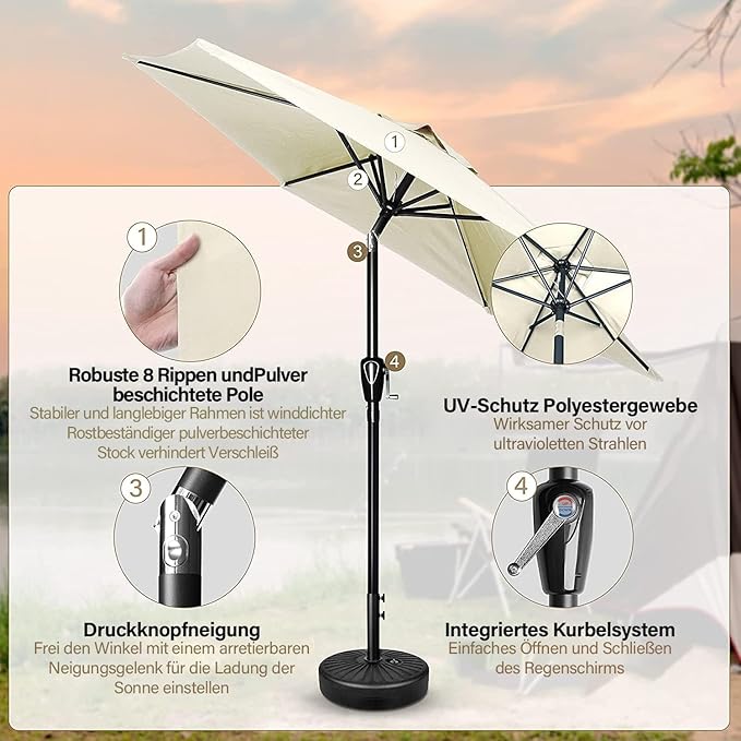 Simple Deluxe 9FT Outdoor Patio Umbrella Table Market Umbrella with Push Button Tilt and Crank and 50lbs Base Stand, for Garden, Lawn, Deck, Backyard, Pool, Creamy White