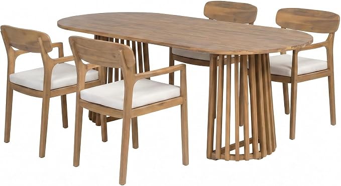 Christopher Knight Home Zoa Acacia Wood Dining Set for 4, Outdoor Dining Table with Dual Slatted Pedestal Bases, Outdoor Dining Chairs with Cushions, 5 Piece Patio Dinner Set, Beige/Teak