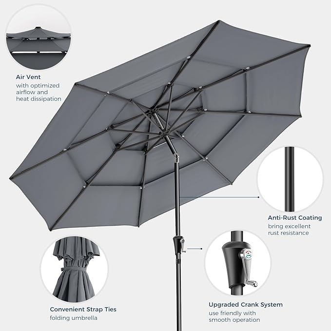 HOMSHADE 9FT 3-Tiers Outdoor Patio Umbrella with 5-Year Fade Resistant,Vented Outdoor Commercial Market Umbrella with UPF50+ UV Protection & Push Button Tilt and Crank for Pool,Backyard(Grey)