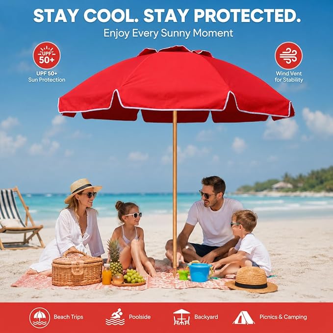 7.5FT Heavy Duty Beach Umbrella with Air Vent, Wood-Look Pole, Carry Bag, UPF50+ Superior Sun Protection, Blue Version