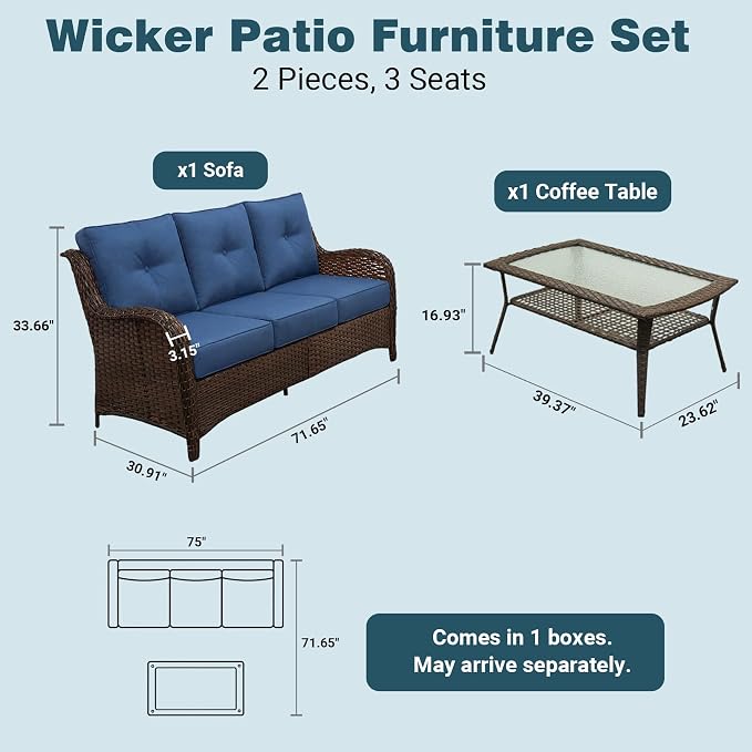 Luxury Patio Conversation Set, 2-Piece Ergonomic High Back Wicker Sofa Set with 6-Inch Deep Seating Cushions, Large Patio Furniture Set for Garden, Deck & Balcony, Navy Blue