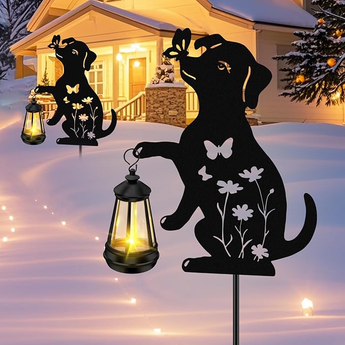 ZFNN Solar Garden Statues Dog Decor - Outdoor Metal Lantern Silhouette Stake, Waterproof Solar Lights for Yard Patio Lawn Pathway Art Decoration, Unique Gardening Gifts for Women Mom Dog Lovers
