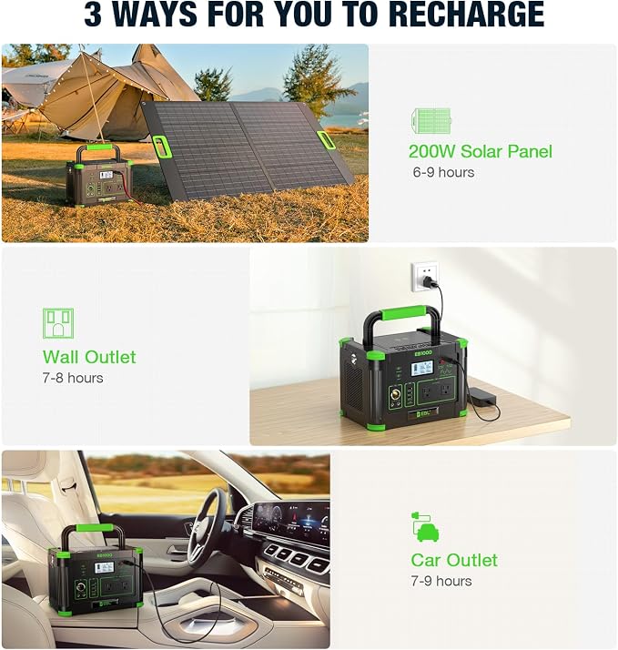 EBL Portable Power Station 1000W Solar Generator 999Wh Fast Charging Backup Battery with 10W Wireless Charging & Multiple Ports for Camping, Home Backup, RV & Off-Grid