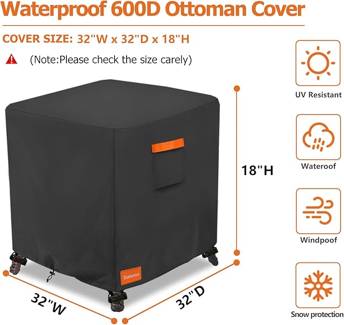 Waterproof Outdoor Ottoman Cover Square,600D Heavy Duty Patio Small Side Table Cover,Patio Furniture Covers for End Table 32" W x 32" D x 18" H,Black