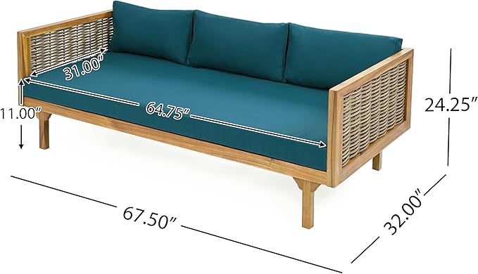 Merax Outdoor Acacia Wood Conversation Set, 3-Seat Loveseat Sofa w/Coushion and Round Coffee Table for Backyard, Patio Furniture, Teak+Teal