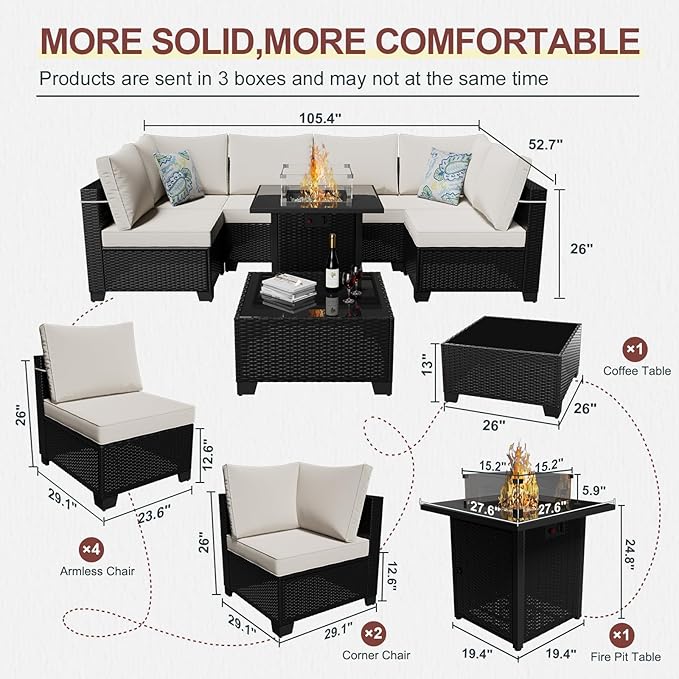 8 Pcs Patio Furniture Set with Fire Pit Table Wicker Outdoor Sectional Sofa, Conversation Set Perfect for Backyard, Garden, Deck (Coffee/Beige)