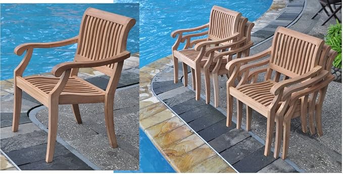 6 Seater Grade-A Teak Wood 7pc Dining Set: 60" Round Table and 6 Arbor Stacking Arm Chairs #TSDSAB3