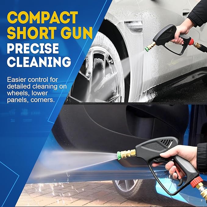TOOLCY Pro Short Pressure Washer Gun 5000 PSI with 360° Swivel,3/8" Quick Connect Inlet, Power Washer Gun with 1/4" Quick Connect Outlet, Includes 3/8" QC to M22-14mm Adapter & 5 Nozzle Tips