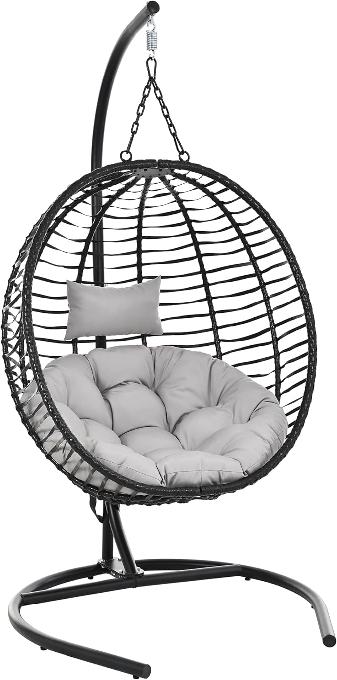 Folding Egg Chair, Outdoor Hanging Hammock Chair with Stand, Patio Wicker Hanging Chair with Iron Frame and Plush Cushion & Removable Headrest for Bedroom, Balcony, Garden (C-BlackGrey)