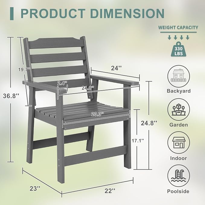 FUNBERRY Outdoor Dining Chairs Set of 2, HDPE Patio Chairs for Outside | Wood-Grain, HDPE All Weather, No Rot or Rust or Crack, UV Fade Shield, 330LBS Weight Capacity, Easy-Clean for Outside