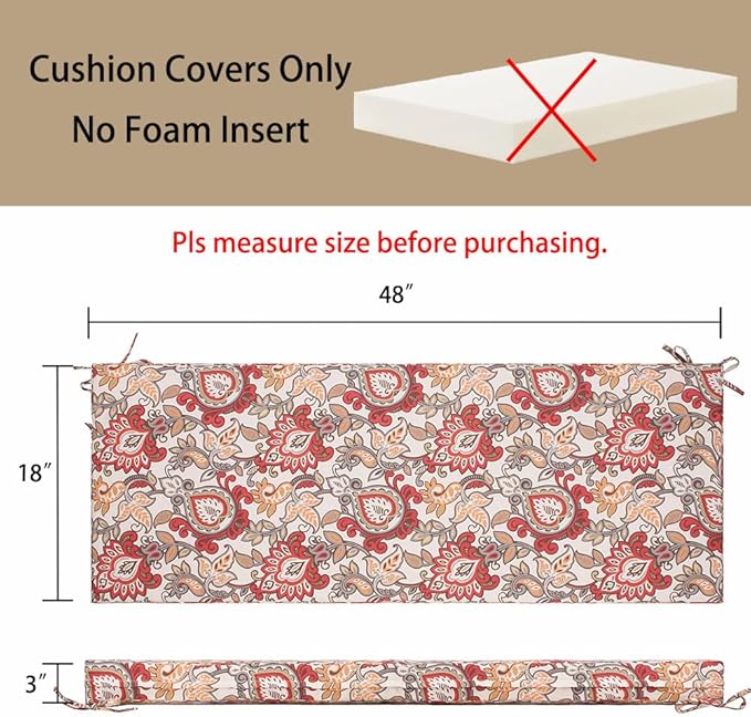 Magpie Fabrics Patio Bench Cushion Cover 48x18x3 Inch, NO Insert! Water Resistant Outdoor Loveseat Replacement Cover with Zipper (Botanical Red Orange)